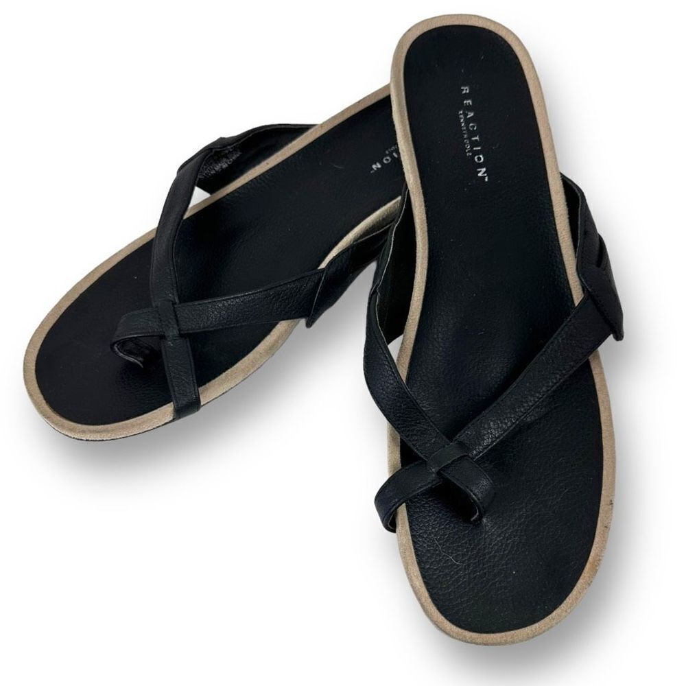 Reaction Kenneth Cole‎ Womens Black Slip On Leather Wedge Sandals Size 10M